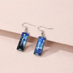 Starry Night Van Gogh Painting Glass Fish Hook Dangle Earrings 